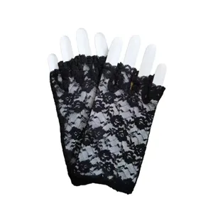 Black lace fingerless gloves detail showcasing delicate floral pattern and exquisite design.