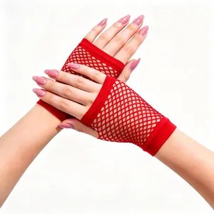 Red short fishnet gloves sexy mesh fingerless gloves for party nightclub performance costume.