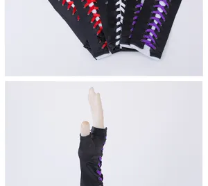 Black satin fingerless long gloves with colorful lacing ribbons for party and dress up.