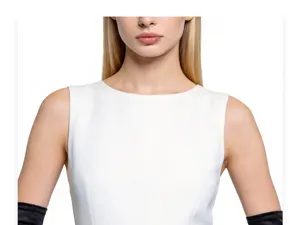 Close-up detail of long satin gloves paired with a sleek top, showcasing fine texture.