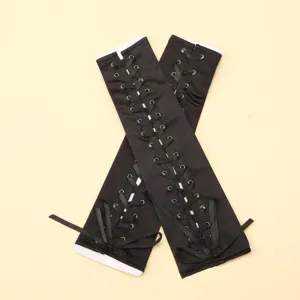 Black satin fingerless lace-up long gloves crossed main product shot for party wedding apparel