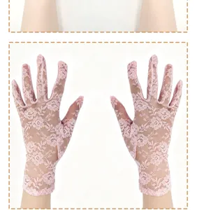 Women short pink lace gloves bridal wedding sun protection driving elegant floral accessories