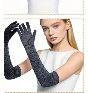Details of long black satin evening gloves featuring elegant pleated design for parties.