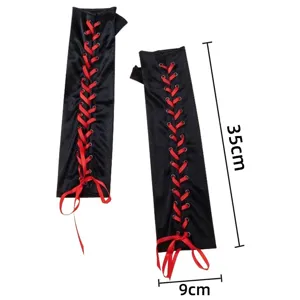 Black satin fingerless long gloves with red lace-up ribbon for party costume wear.