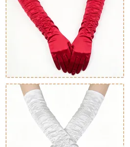 Detailed view of long satin pleated gloves showing smooth texture and exquisite ruched design.
