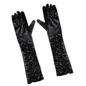 Elegant black satin long gloves with ruched design, perfect for evening parties and weddings.