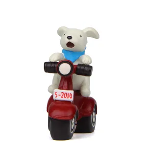 Cute white dog riding a red scooter figurine, perfect for miniature garden and succulent plant decor.