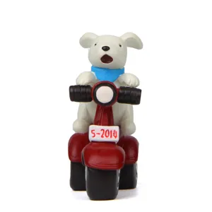 Cute white dog riding red motorcycle figurine detail, miniature resin landscape gardening accessory