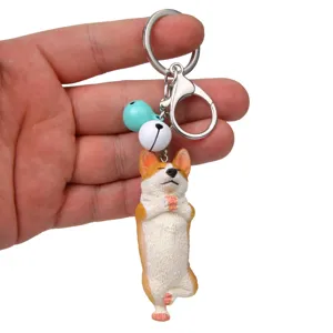 Niedlicher Yoga Corgi Schlüsselanhänger mit Glocken Metallverschluss für Autotaschen Detail