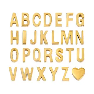 Gold titanium steel alphabet letter charms, smooth balloon style DIY necklace pendants details.