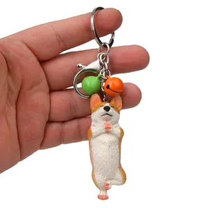 Niedlicher Yoga Corgi Schlüsselanhänger mit Metallkarabiner und Glocke für Taschen.