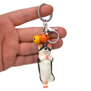 Niedlicher Yoga Hund Schlüsselanhänger mit bunten Glocken und Metallring, kreativer Taschenanhänger.
