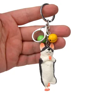 Süßer Yoga Hund Schlüsselanhänger mit bunten Glocken Metall Karabiner Rucksack Anhänger