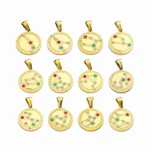 Stainless Steel Real Gold Plated Zodiac Sign Pendant Star Round Constellation Rhinestone Charm For DIY Jewelry Making Accessory