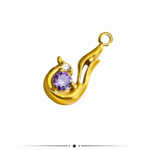 Gold stainless steel purple cubic zirconia bird pendant charm for DIY necklace jewelry