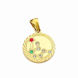 Gold stainless steel zodiac constellation pendant detail, star and rhinestone decor necklace charm.