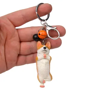 Corgi Yoga Hund Schlüsselanhänger mit Glocke und Karabiner, süßer Metall Schlüsselring.