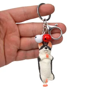Niedlicher Yoga Hund Schlüsselanhänger mit Glocken, lustiger Harz Welpe Schlüsselring für Tasche.