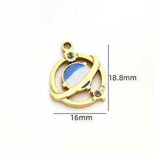 Stainless steel planet pendant detail featuring blue enamel and rhinestones for DIY crafts.