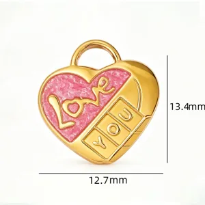 Ciondolo a cuore dorato con smalto glitter rosa, incisione Love e YOU, 12.7x13.4mm gioiello.