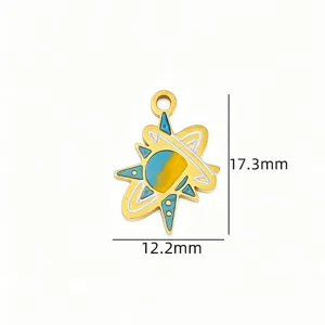 Stainless steel star planet pendant close up detail, enamel jewelry making charm 17mm