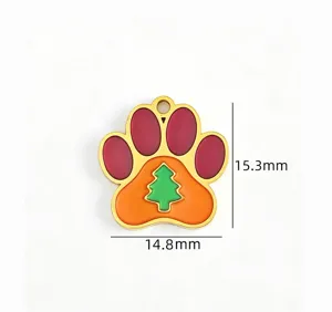 Stainless steel pet paw pendant with Christmas tree design, gold plated DIY necklace charm.