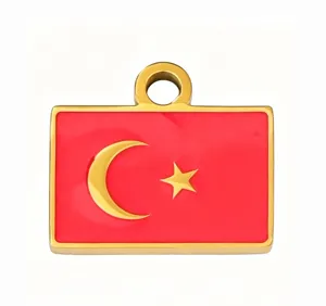 Stainless steel Turkish flag enamel pendant detail shot, golden border, DIY jewelry accessory charm.