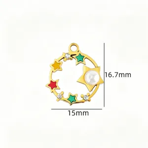 Stainless steel DIY enamel rhinestone pearl star moon pendant jewelry making accessory charm.