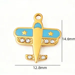 Grazioso ciondolo aeroplano smalto goccia metallo dorato charm per gioielli bracciali fai da te.