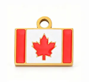 Detailed closeup view of Canada flag enamel pendant, gold stainless steel DIY necklace charm.
