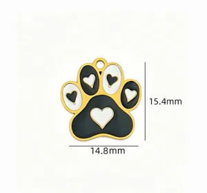 Stainless steel pet paw pendant, black and white enamel heart charm, 15.4x14.8mm DIY jewelry.
