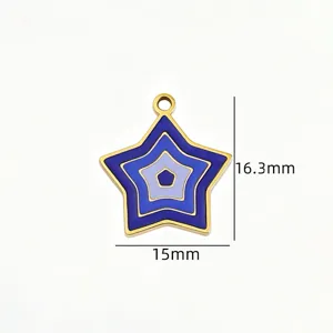 Close-up of a blue enamel star pendant charm, highlighting delicate metallic trim and size details.