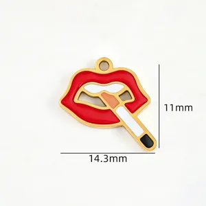 Close-up detail view of stainless steel red lip cigarette pendant with glossy enamel finish.