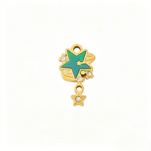 Stainless steel star planet pendant with green enamel and rhinestones for DIY jewelry making