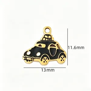 Stainless steel black enamel vintage car charm pendant, DIY handmade jewelry making accessory 13mm