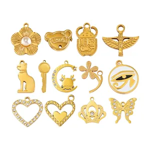 Stainless Steel Pave Rhinestone Pendant Charms Heart Butterfly Crown Moon Flower Bears Design Electroplated Gold Luxury Charms For Necklace Bracelet Making DIY Jewelry Finding Craft Components