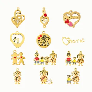 Gold stainless steel family mother day love heart cat dog DIY charms pendant jewelry