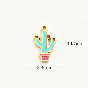 Stainless steel cactus pendant detail shot, showing precise dimensions of 14.7x8.4mm.