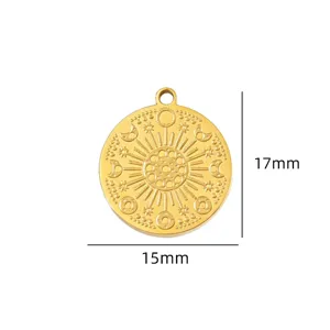 Detailed view of the 18k gold plated titanium steel sun and moon pendant for DIY jewelry.
