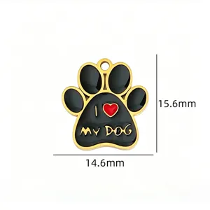 Stainless steel pet paw pendant black red enamel dog tag DIY jewelry accessory 15.6x14.6mm