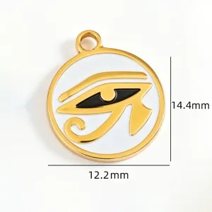 Detail shot of the gold-plated stainless steel Horus eye pendant with enamel dimensions.