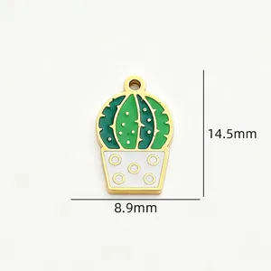 Stainless steel enamel cactus pendant DIY jewelry accessory, compact size 14.5x8.9mm for crafting.