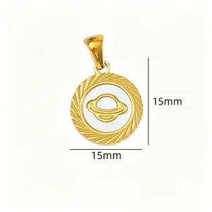 Titanium steel mother of pearl Saturn pendant round charm 15mm DIY necklace jewelry making