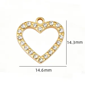 Gold heart pendant detail showcasing sparkling rhinestones and precise size measurements.