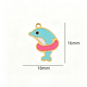 Stainless steel dolphin charm detail shot, enamel pendant for DIY jewelry making, 16x10mm