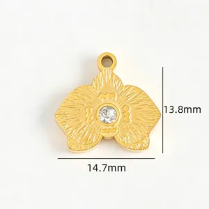 Pendentif orchidée or en acier inoxydable avec détail de strass pour bijoux DIY.