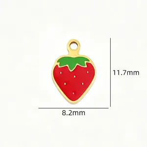 Stainless steel red strawberry enamel charm pendant, tiny DIY jewelry making accessory detail.
