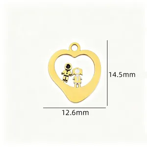 Gold heart astronaut pendant DIY jewelry charm, detail view showing size measurements.