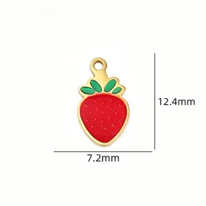 Detailed view of the strawberry enamel pendant, showing exquisite craftsmanship and dimensions.