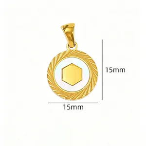 Titanium steel mother of pearl round pendant detail shot showing delicate golden finish and size.